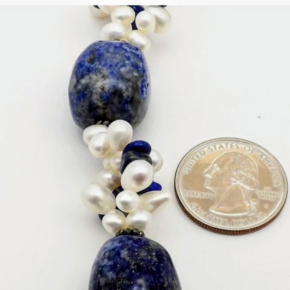 Sterling Lapis Lazuli Large Bead Freshwater Pearl Choker Necklace - Picture 2 of 5